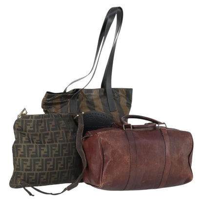 Fendi FENDI Pecan Canvas Zucca Canvas Hand Bag Leather 3 Set Brown Black Authentic 165122
