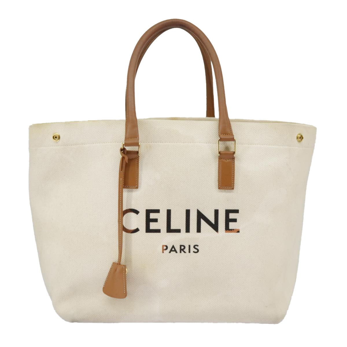 Celine CELINE Horizontalkava Tote Bag Canvas 2way White Gold Authentic 101048