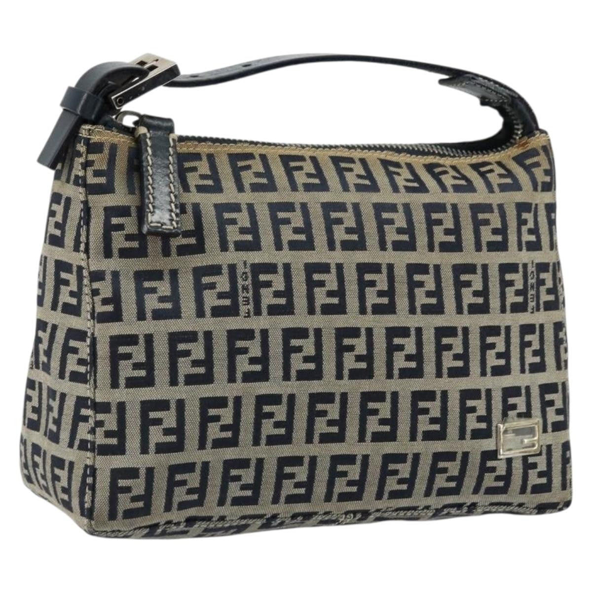 Fendi FENDI Zucchino Canvas Hand Pouch Bag Navy Silver Authentic 177481
