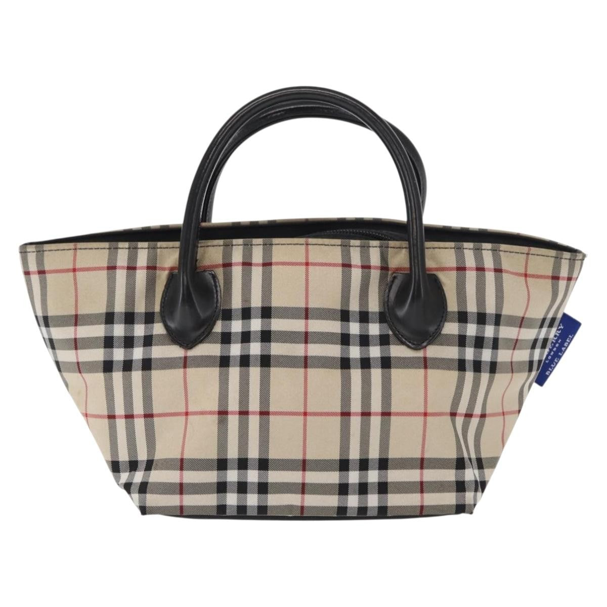 Burberry BURBERRY Nova Check Blue Label Hand Bag Nylon Beige Silver Authentic 169408