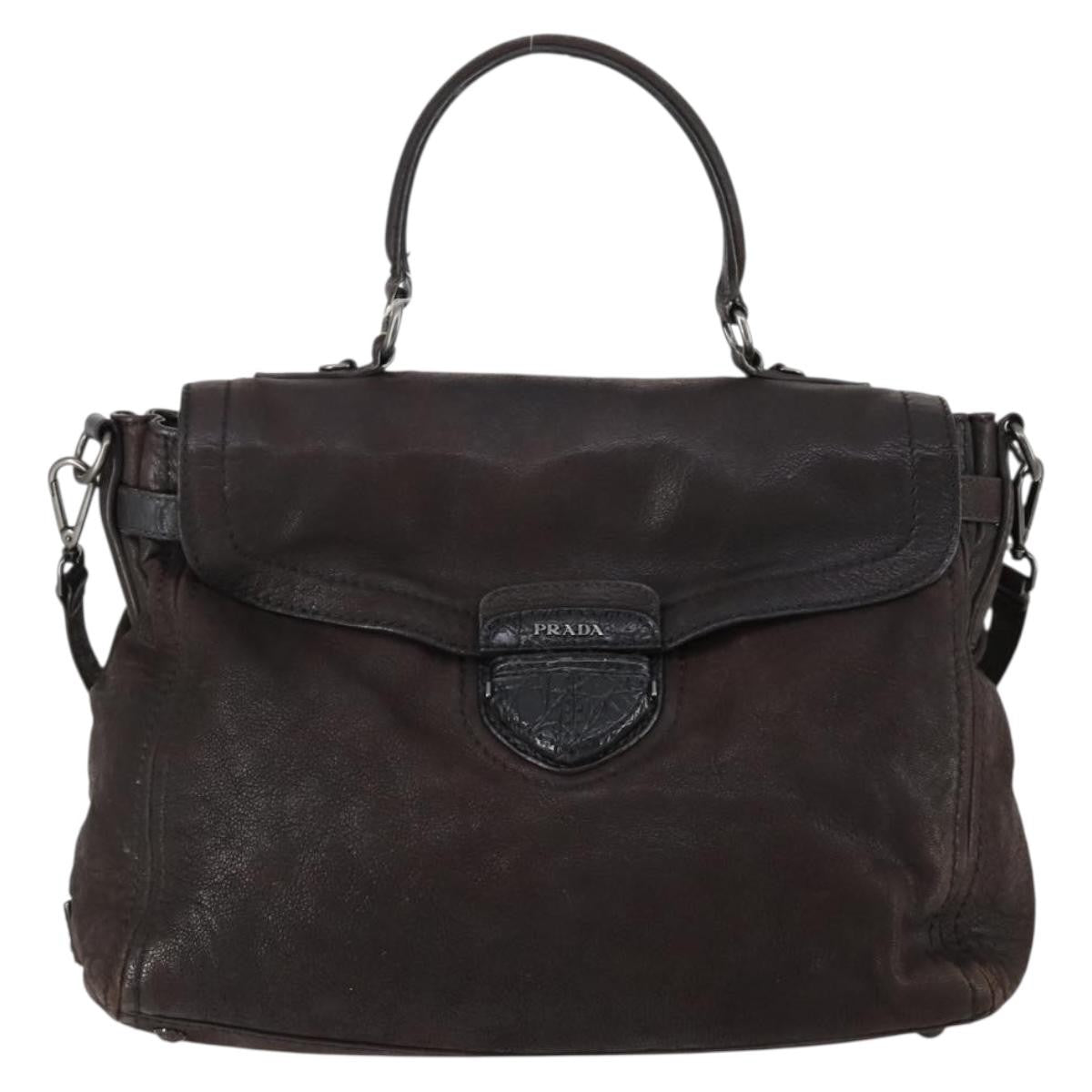 Prada PRADA Hand Bag Leather 2way Brown Silver Authentic 153083