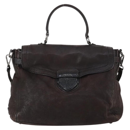 Prada PRADA Hand Bag Leather 2way Brown Silver Authentic 153083