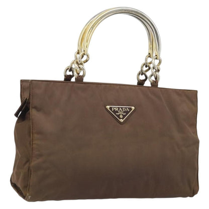 Prada PRADA Chain Hand Bag Nylon Brown Gold Authentic YKZ136