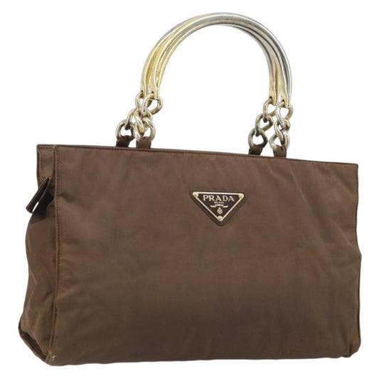Prada PRADA Chain Hand Bag Nylon Brown Gold Authentic YKZ136