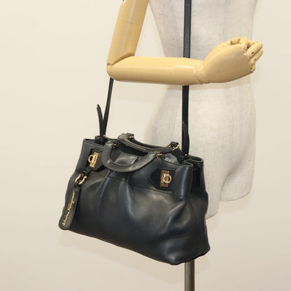 Salvatore Ferragamo Salvatore Ferragamo Gancini Hand Bag Leather 2way Navy Gold Authentic 141427