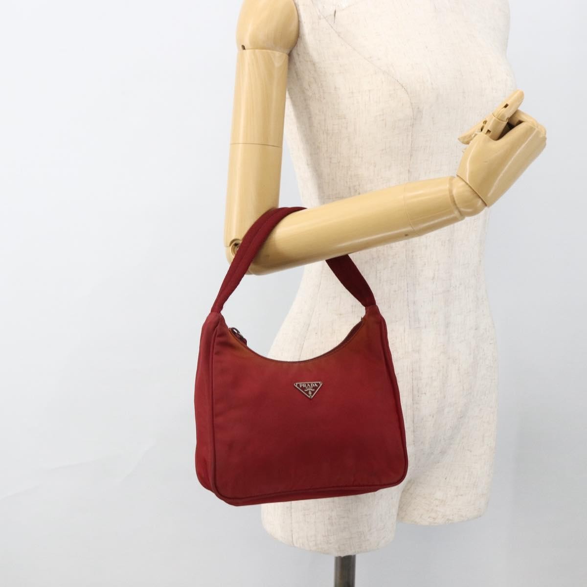 Prada PRADA Hand Bag Nylon Red Silver Authentic LNZ991