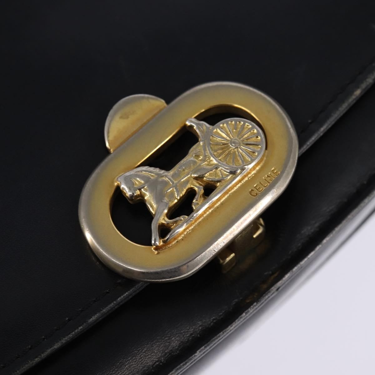 Celine CELINE Horse Carriage Shoulder Bag Leather Navy Gold Authentic BA6372