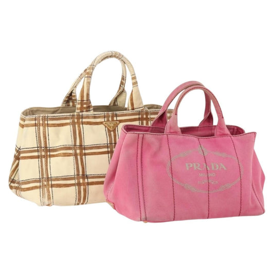 Prada PRADA Canapa Hand Bag Canvas 2 Set Pink Beige Authentic 174968