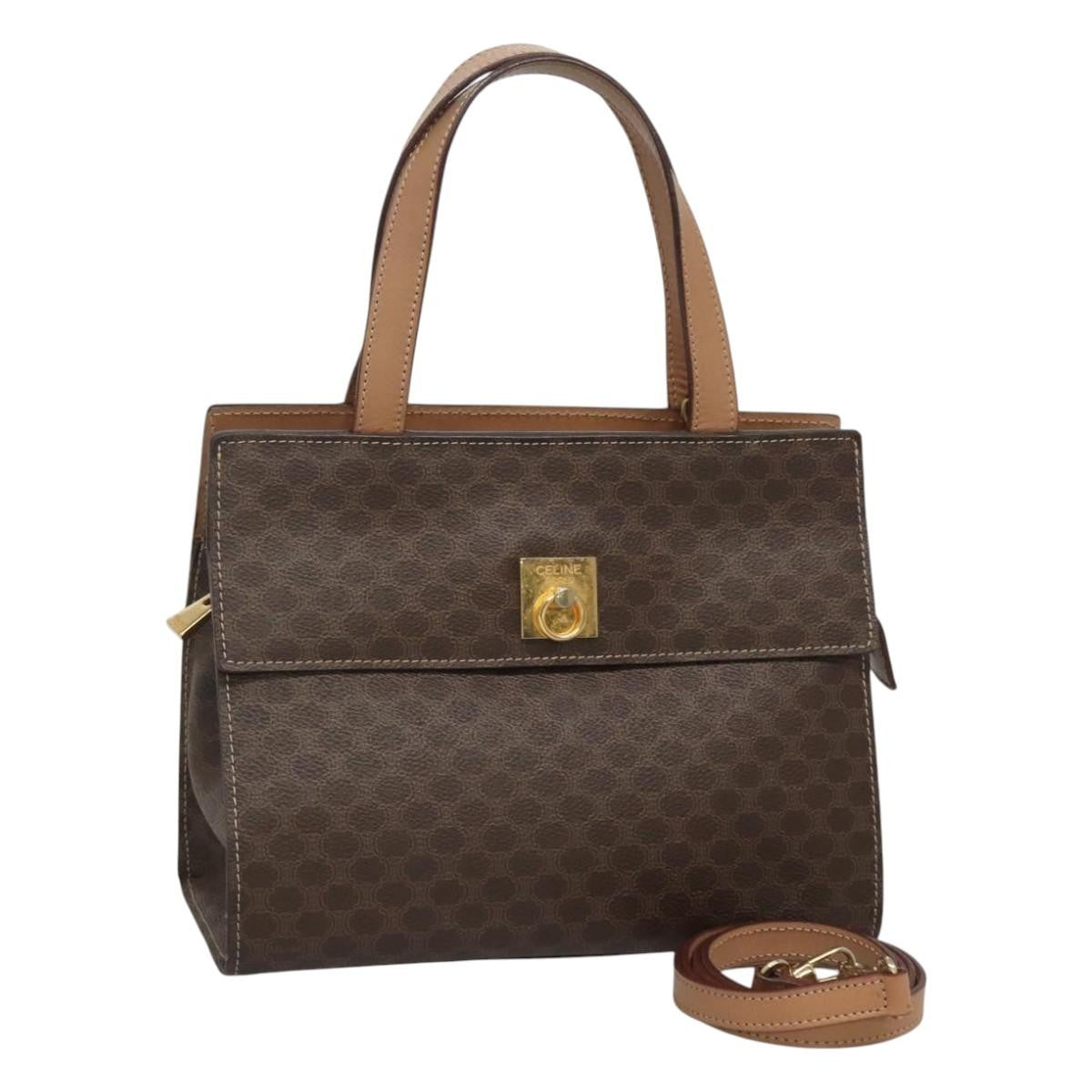 Celine CELINE Macadam Canvas Hand Bag PVC Leather 2way Brown Gold Authentic 123320