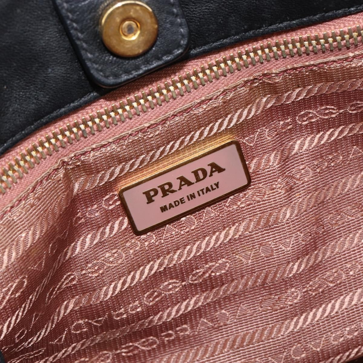 Prada PRADA ribbon Hand Bag Nylon Leather Black Gold Authentic 153236
