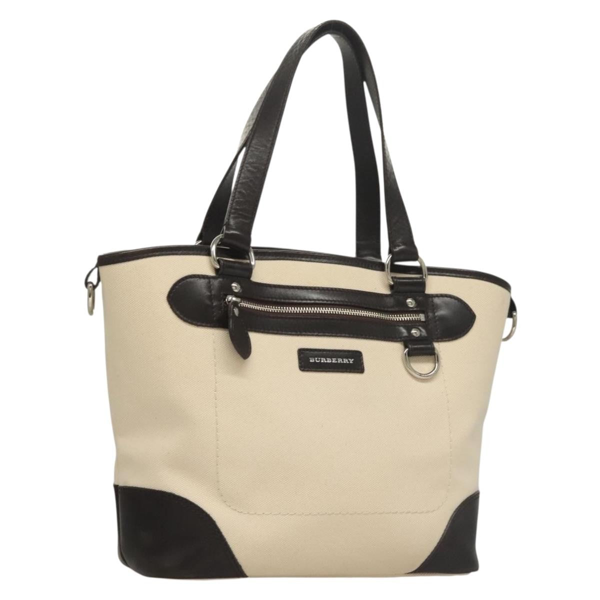 Burberry BURBERRY Tote Bag Canvas Leather White Silver Authentic bs28323