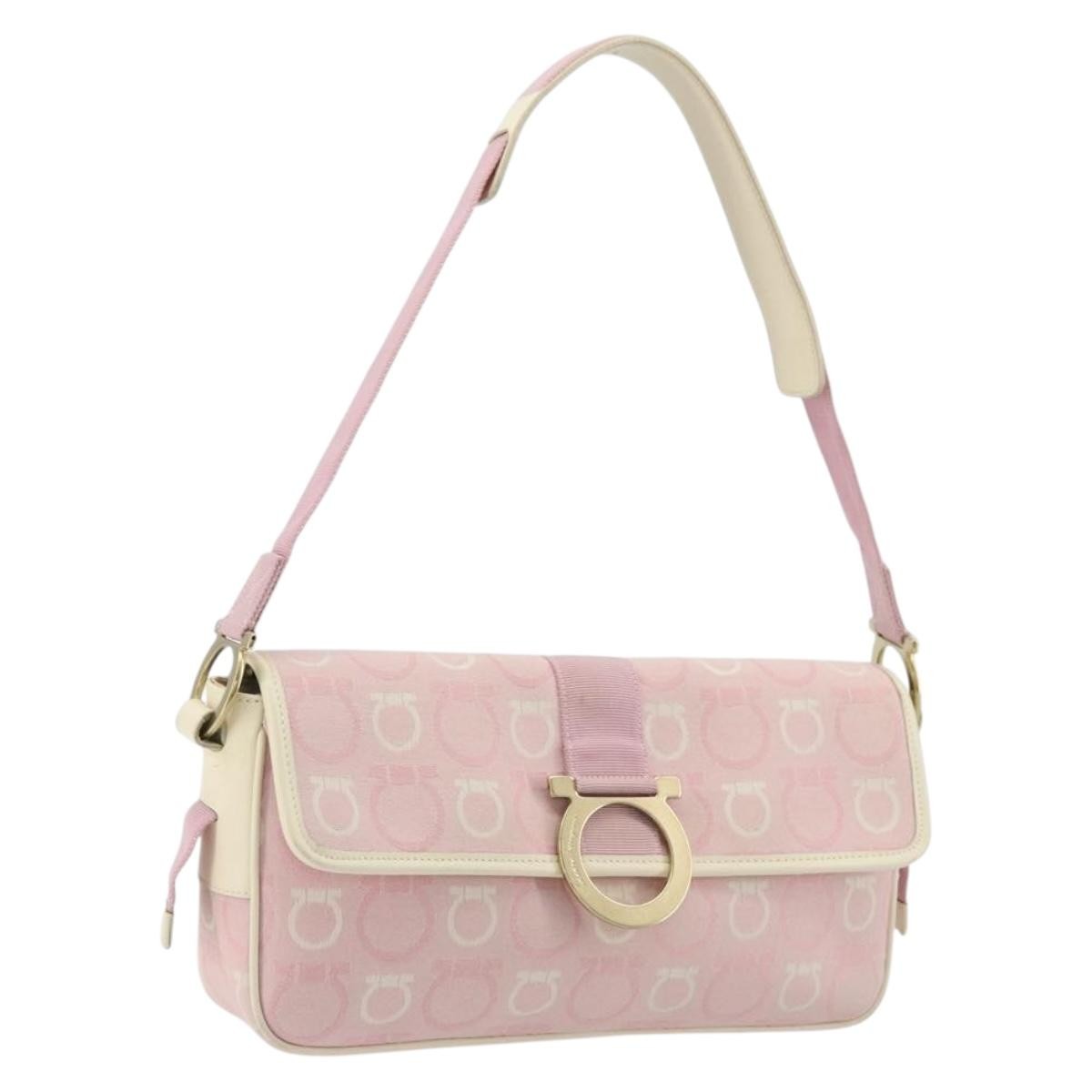 Salvatore Ferragamo Salvatore Ferragamo Gancini Shoulder Bag Canvas Pink Gold Authentic BA12412