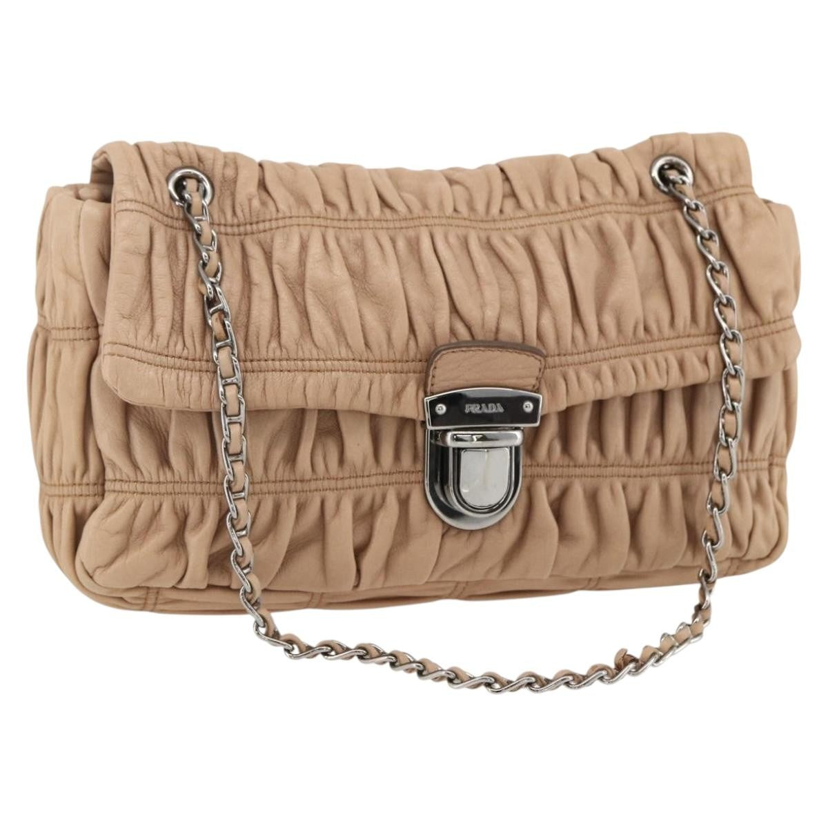 Prada PRADA Chain Shoulder Bag Leather Beige Silver Authentic BSZ397