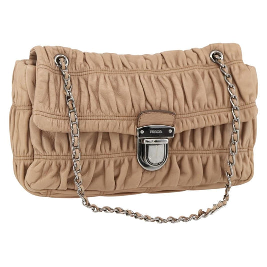 Prada PRADA Chain Shoulder Bag Leather Beige Silver Authentic BSZ397