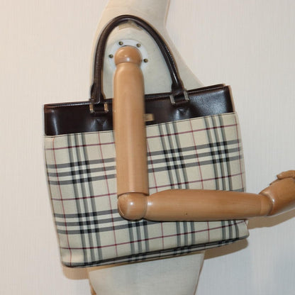 Burberry BURBERRY Nova Check Hand Bag Nylon Beige Silver Authentic 85862