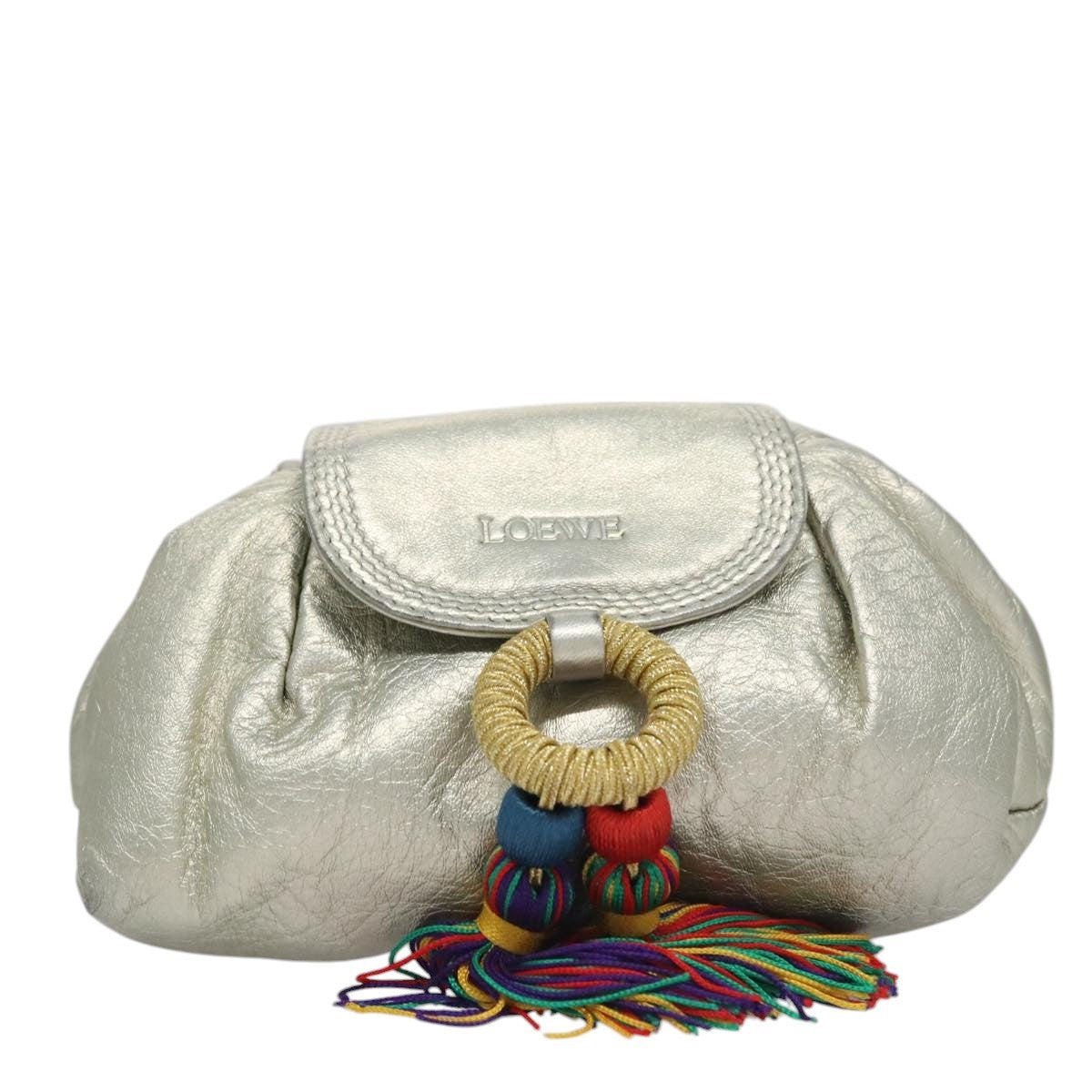 Loewe LOEWE Fringe Shoulder Bag Leather Silver tone Authentic 99979