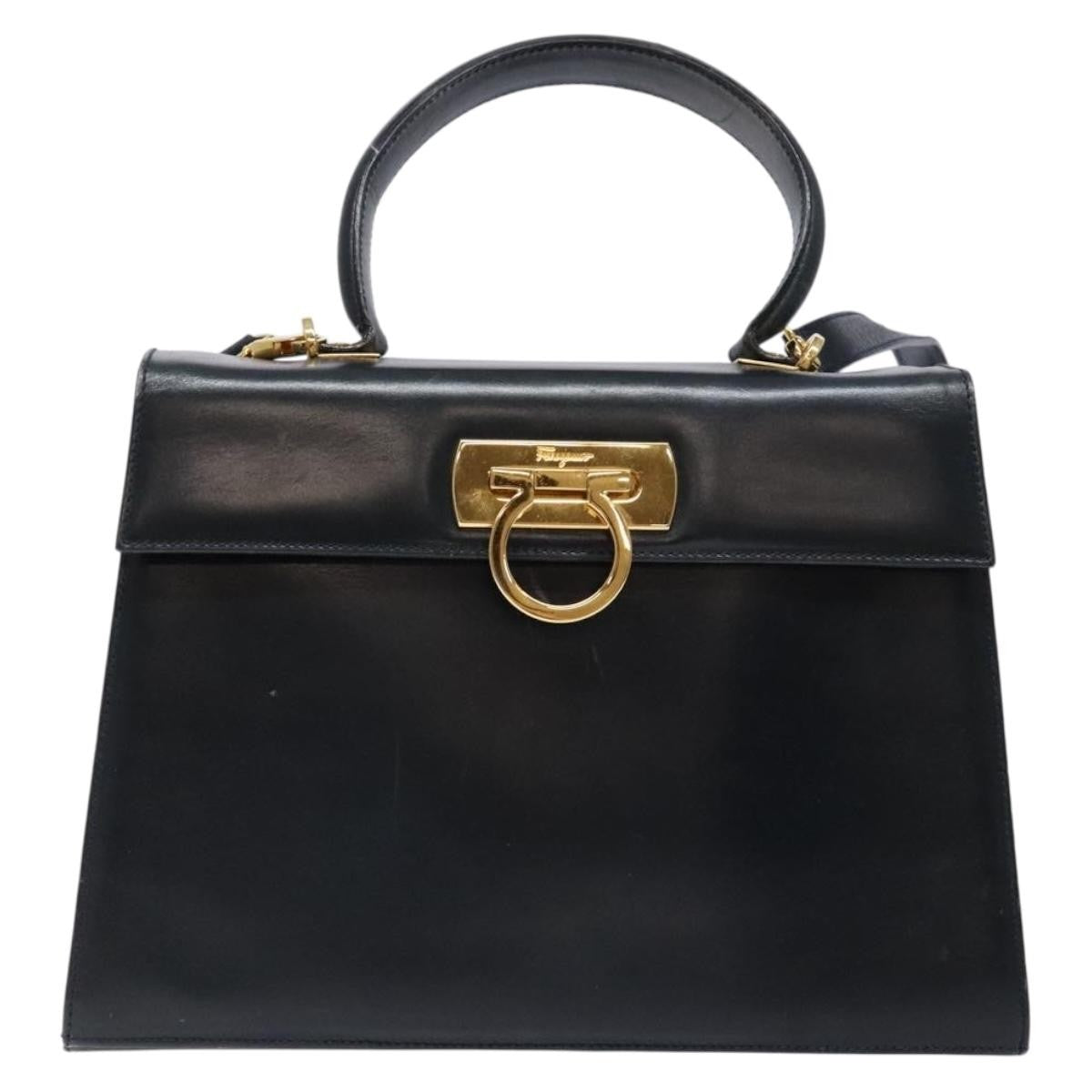 Salvatore Ferragamo Salvatore Ferragamo Gancini Hand Bag Leather 2way Navy Gold Authentic 133776