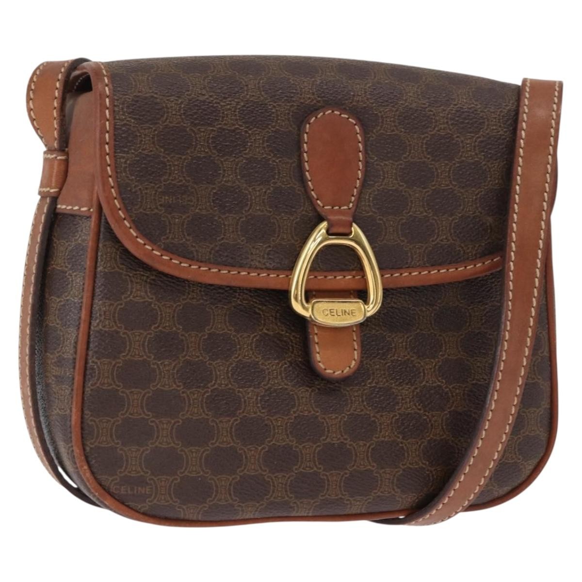 Celine CELINE Macadam Canvas Shoulder Bag PVC Leather Brown Gold Authentic BA9074