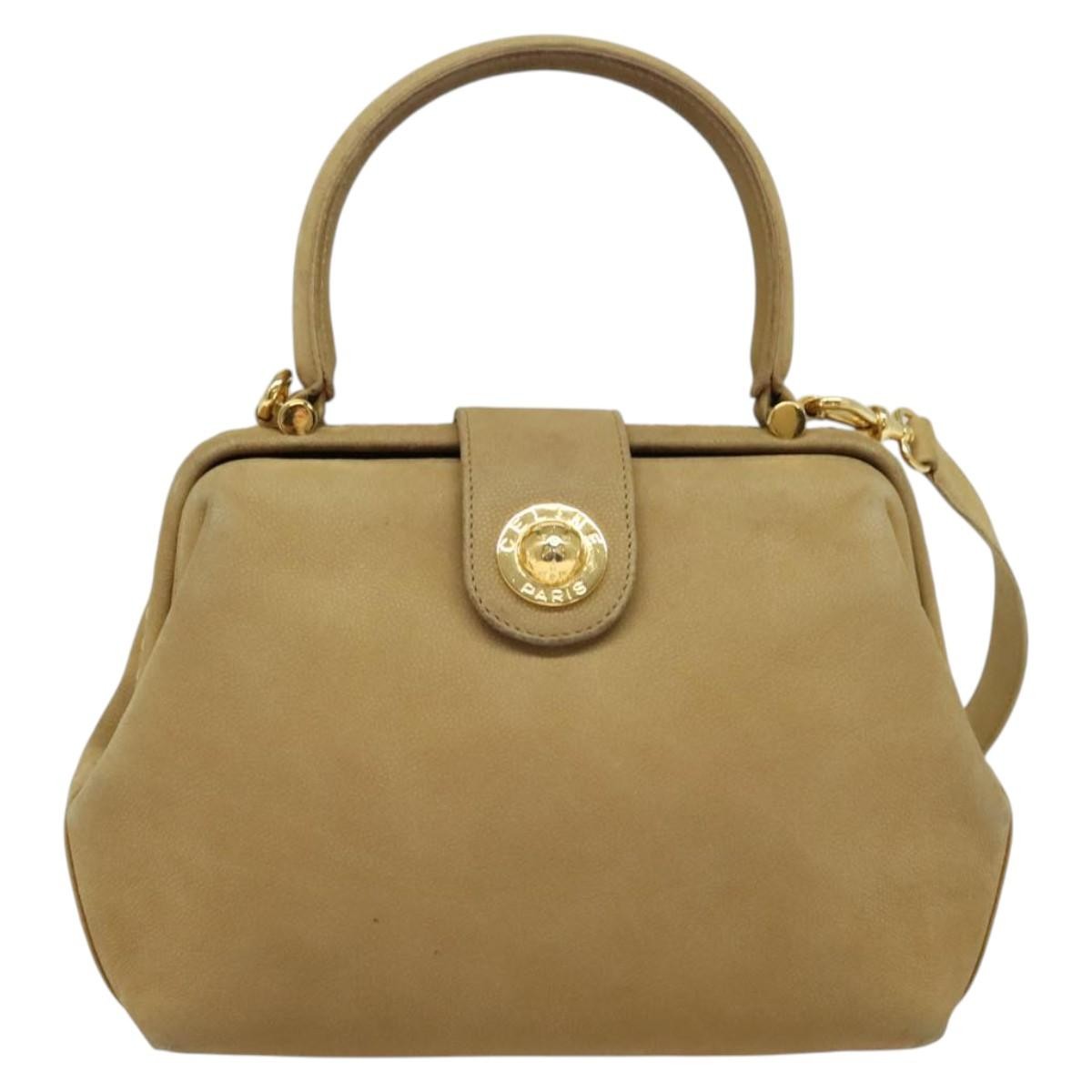 Celine CELINE Hand Bag Leather 2way Beige Gold Authentic sw1099