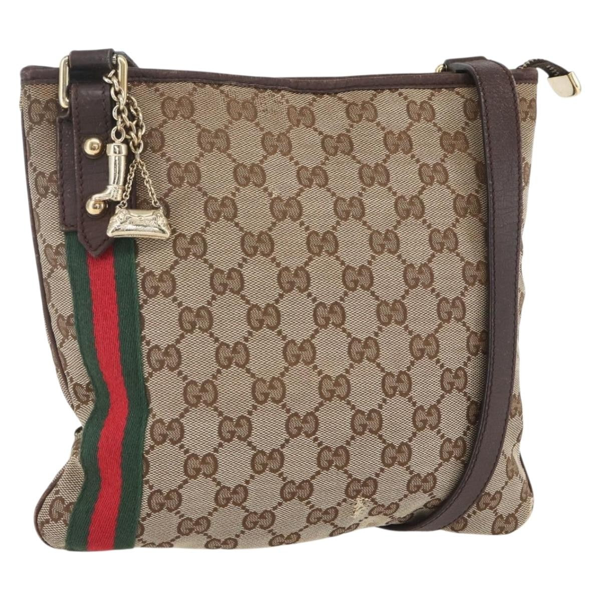 Gucci GUCCI GG Canvas Web Sherry Line Shoulder Bag Beige Gold 144388 Authentic hk3291