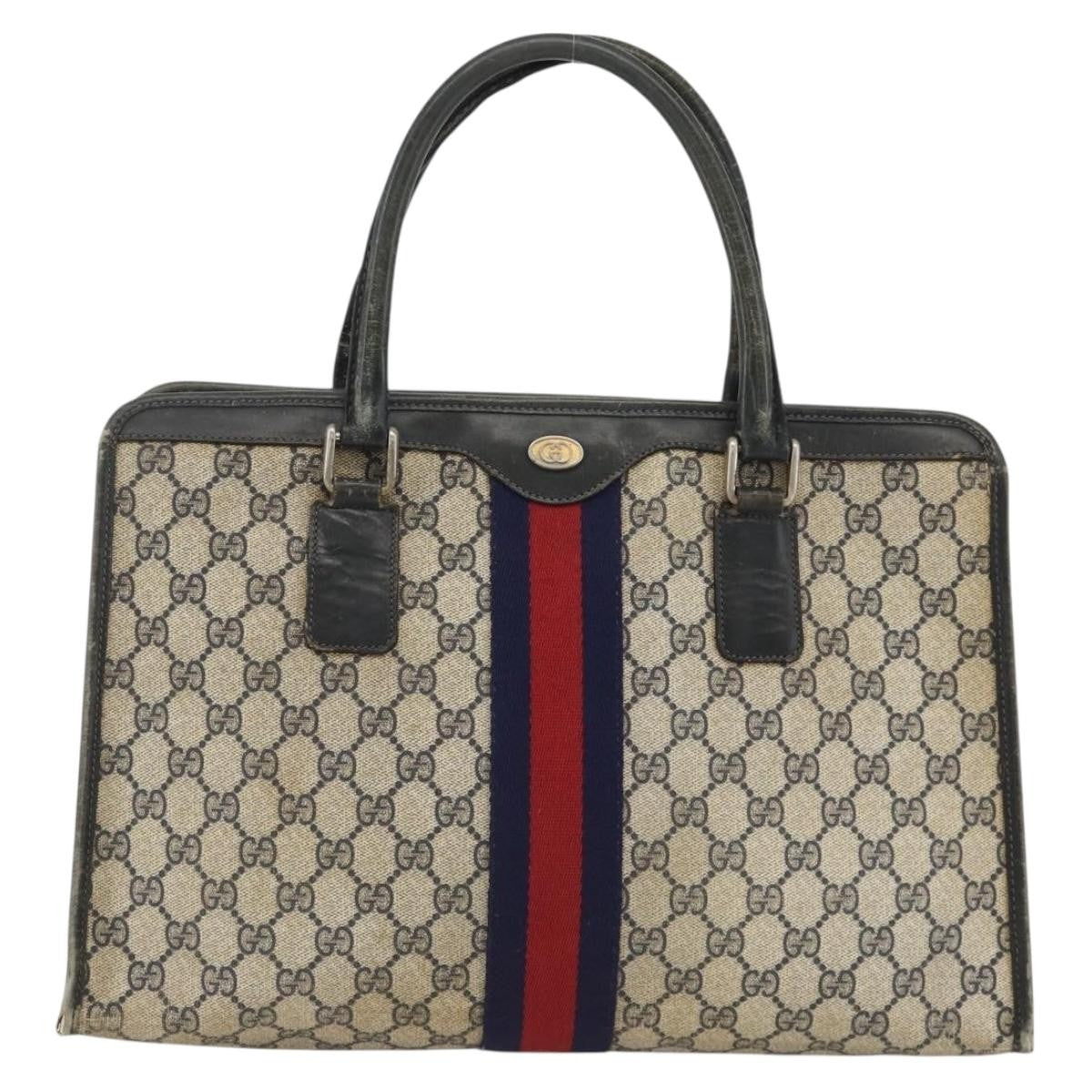 Gucci GUCCI GG Supreme Sherry Line Hand Bag PVC Navy Gold 010 378 Authentic BAZ548