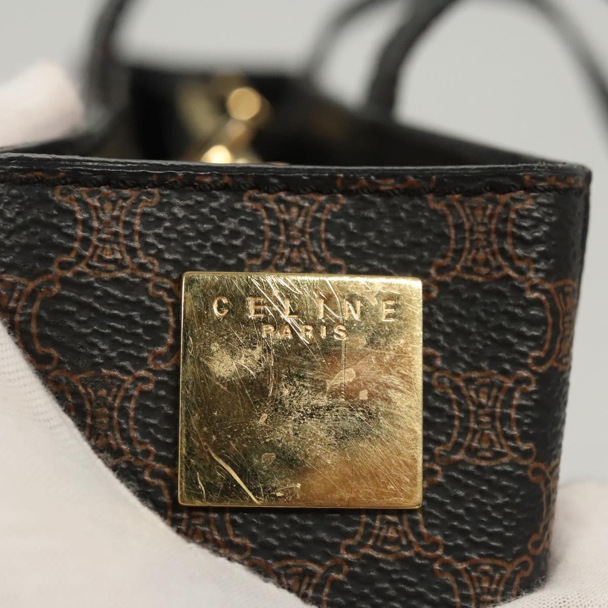 Celine CELINE Macadam Canvas Hand Bag PVC Leather 2way Black Gold Authentic 120130
