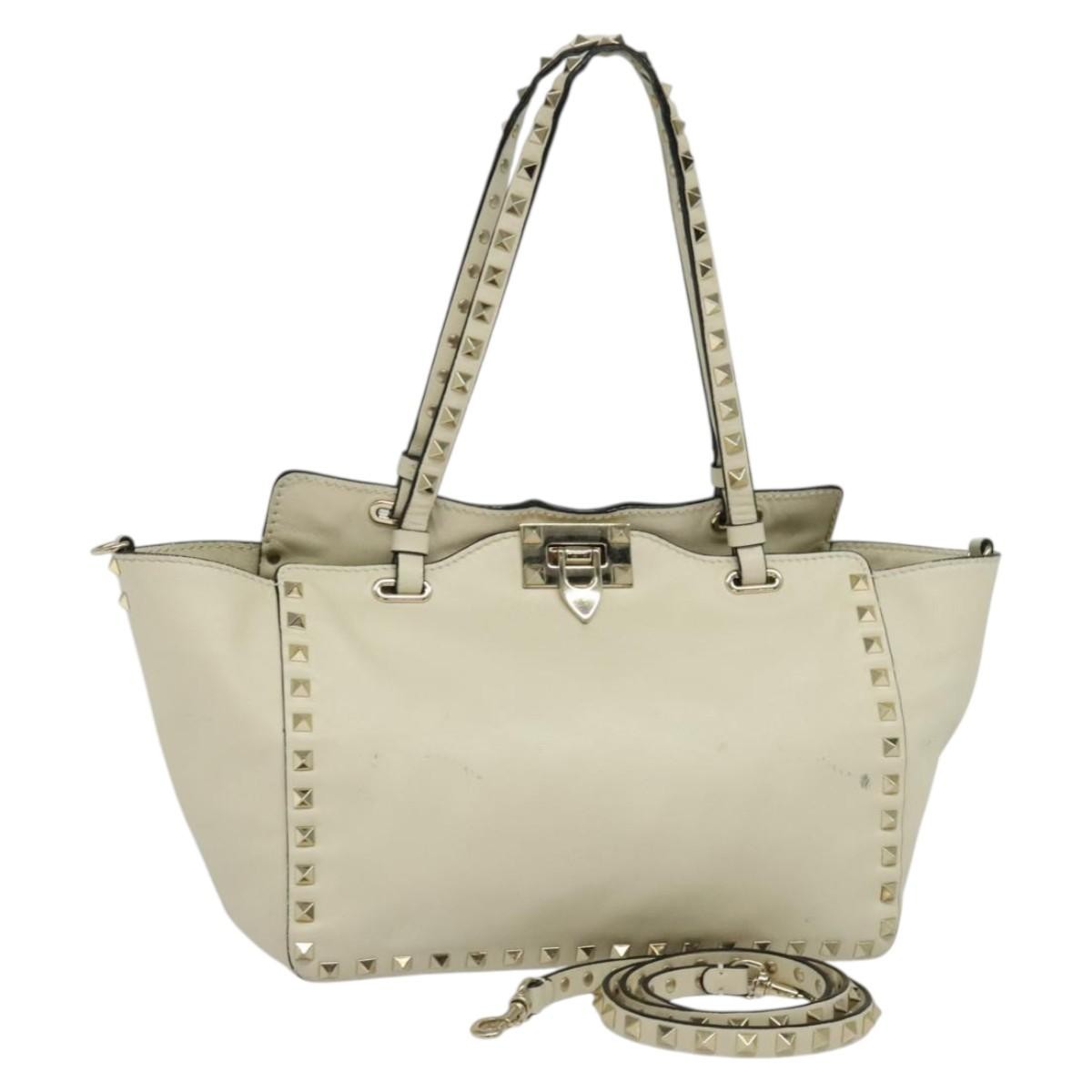 Valentino VALENTINO Studs Tote Bag Leather White Gold Authentic BA3903