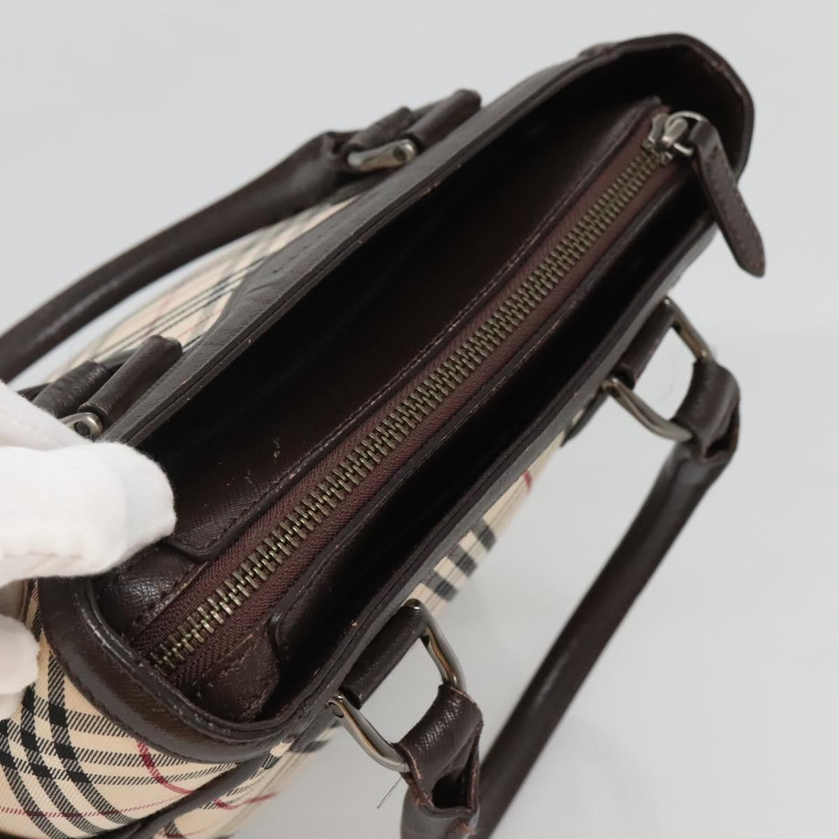 Burberry BURBERRY Nova Check Hand Bag Canvas Beige Silver Authentic ep9645