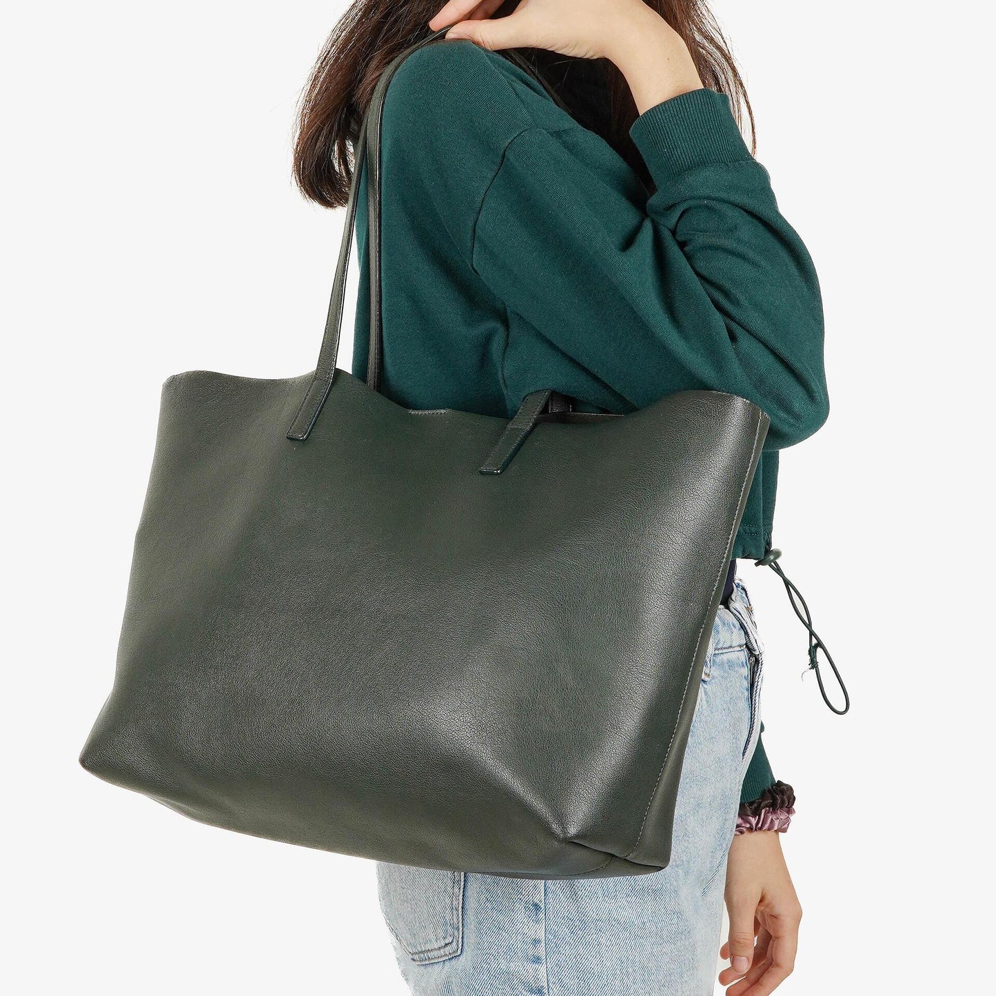 Saint Laurent Große Shopping Tote aus dunkelgrünem Leder