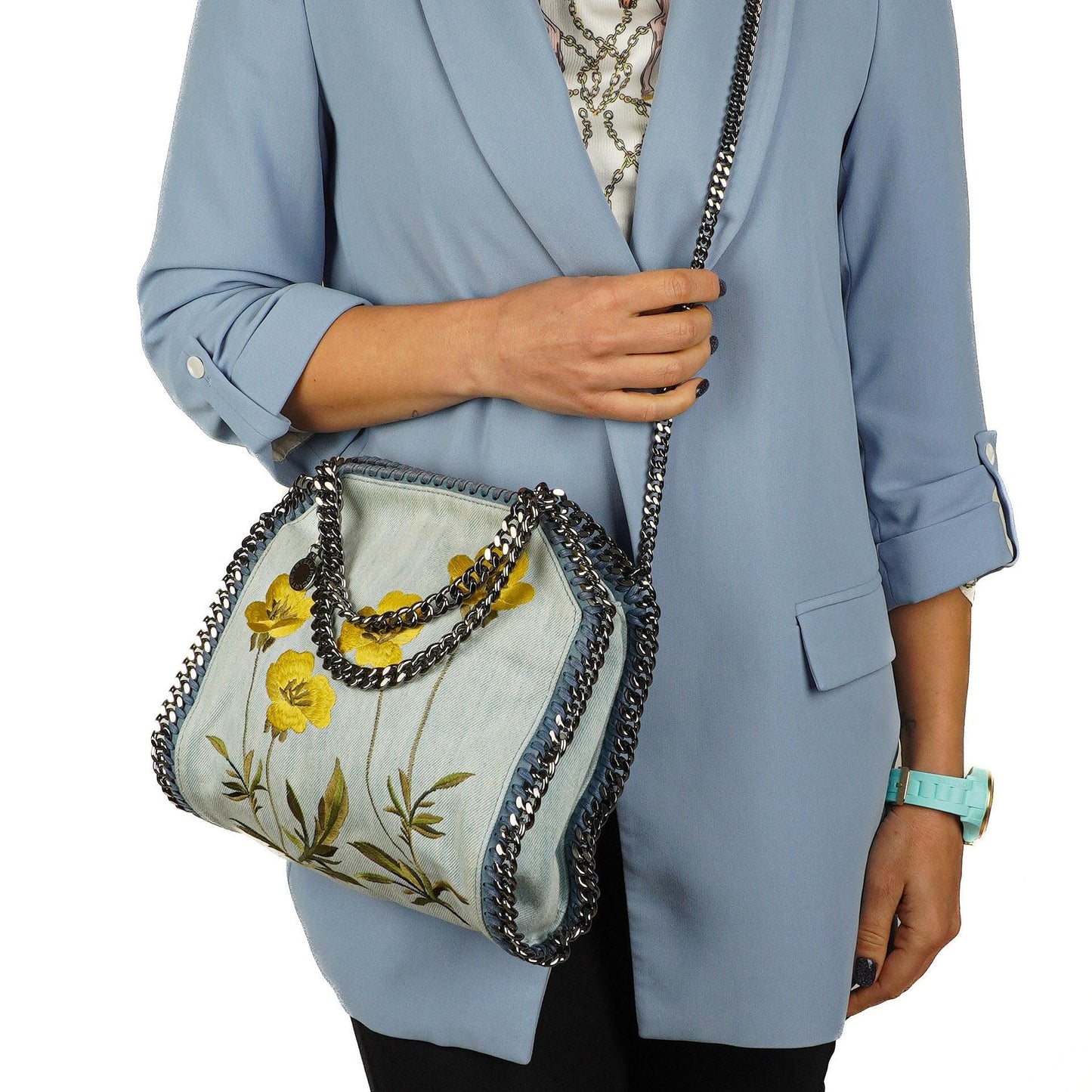 Stella McCartney Denim Blumen Mini Schultertasche Falabella Blau