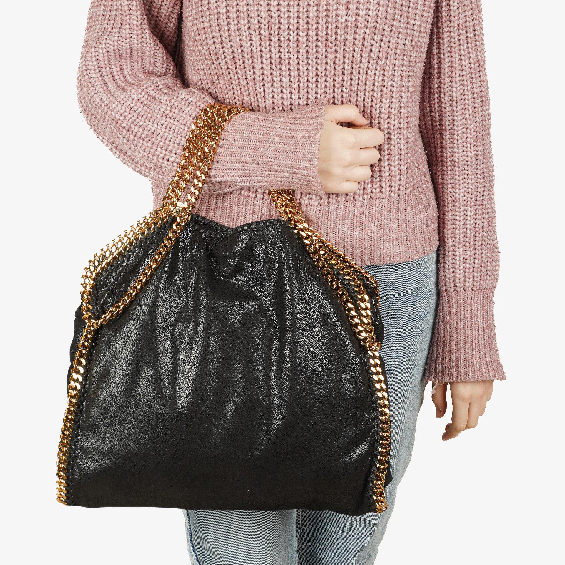 Stella McCartney Falabella Schwarze Tote Vegan Shaggy Deer Fold Over Tasche