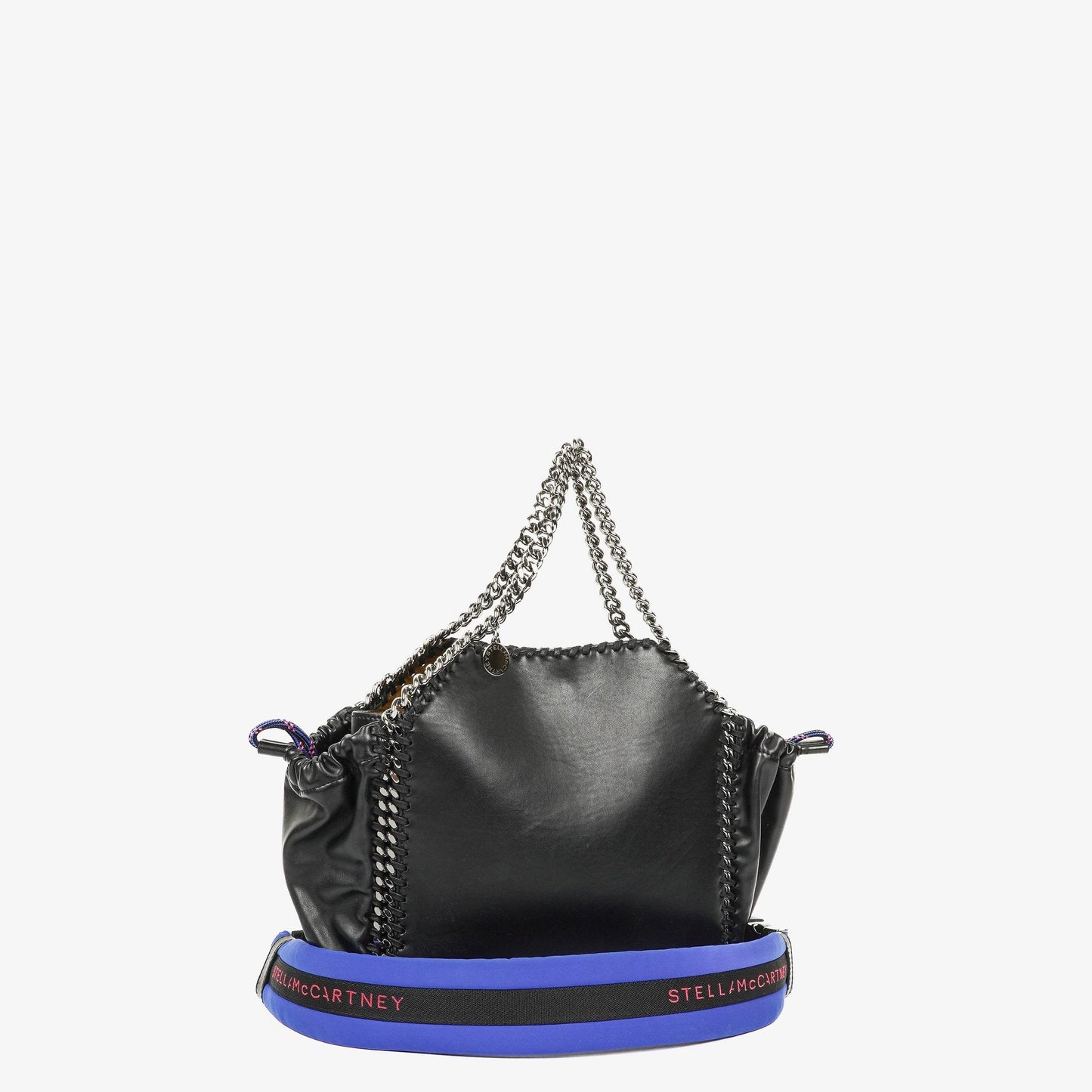 Stella McCartney Falabella Tote Bag aus schwarzem veganem Leder mit blauem Logo-Riemen