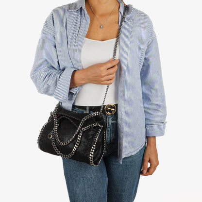 Stella McCartney Falabella Mini Tote Schwarz Vegan Shaggy Deer Klapptasche