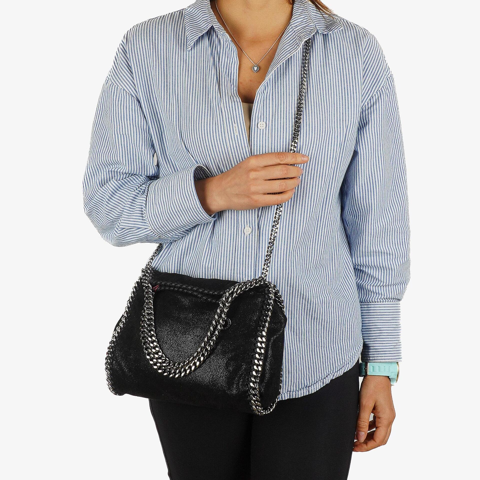 Stella McCartney Falabella Mini Tote Fold Over Bag Schwarz Vegan Shaggy Deer