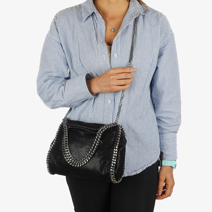 Stella McCartney Falabella Mini Tote Fold Over Bag Schwarz Vegan Shaggy Deer