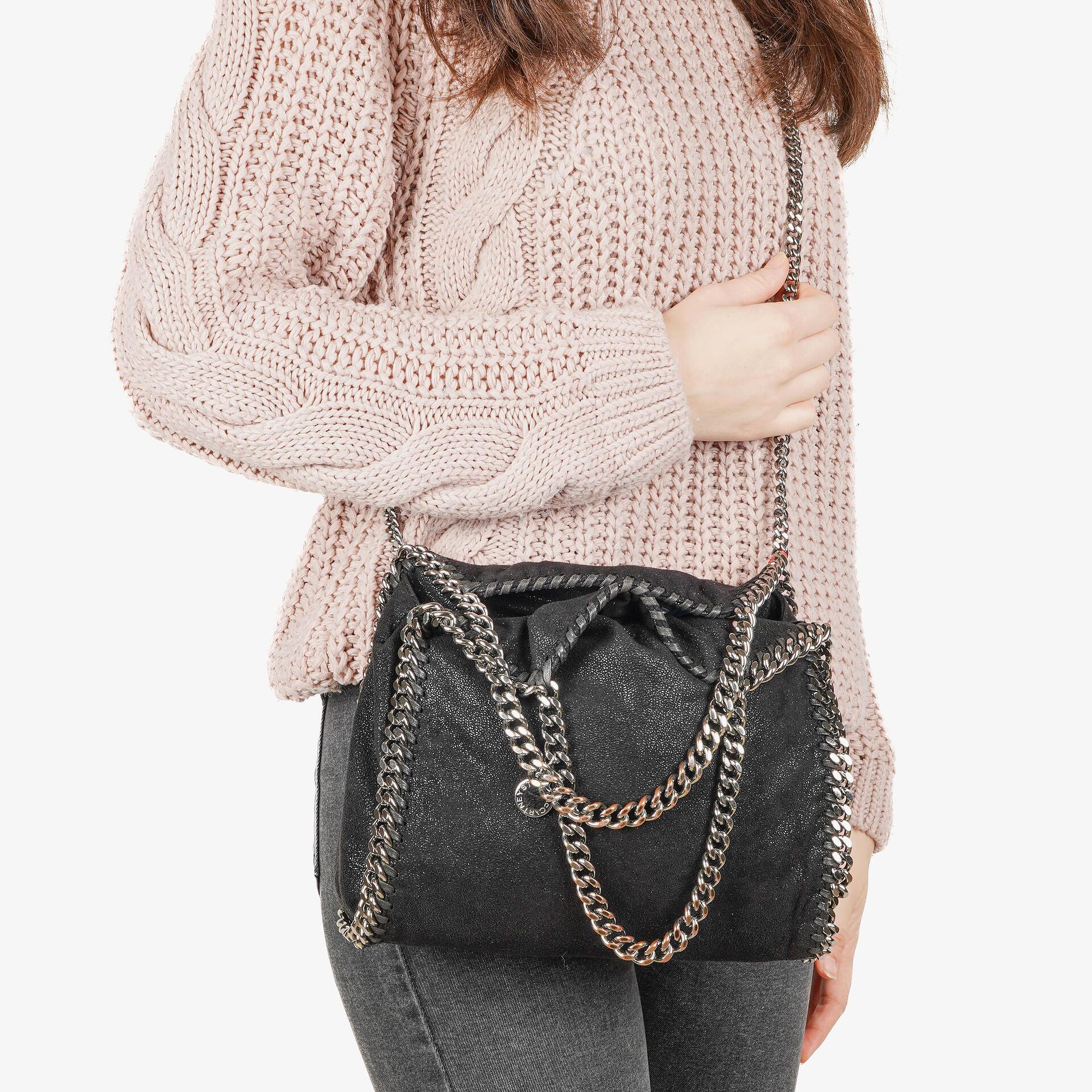 Stella McCartney Falabella Mini Tote Schwarze Vegane Shaggy Deer Fold-Over-Tasche