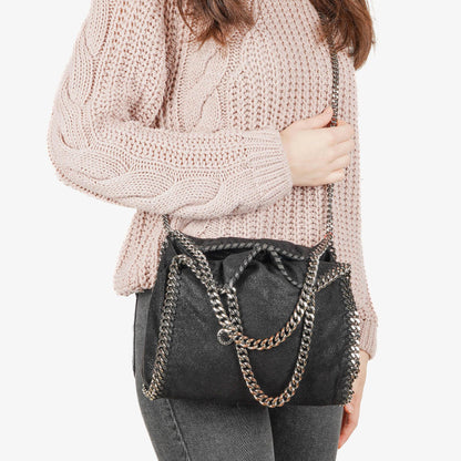Stella McCartney Falabella Mini Tote Schwarze Vegane Shaggy Deer Fold-Over-Tasche