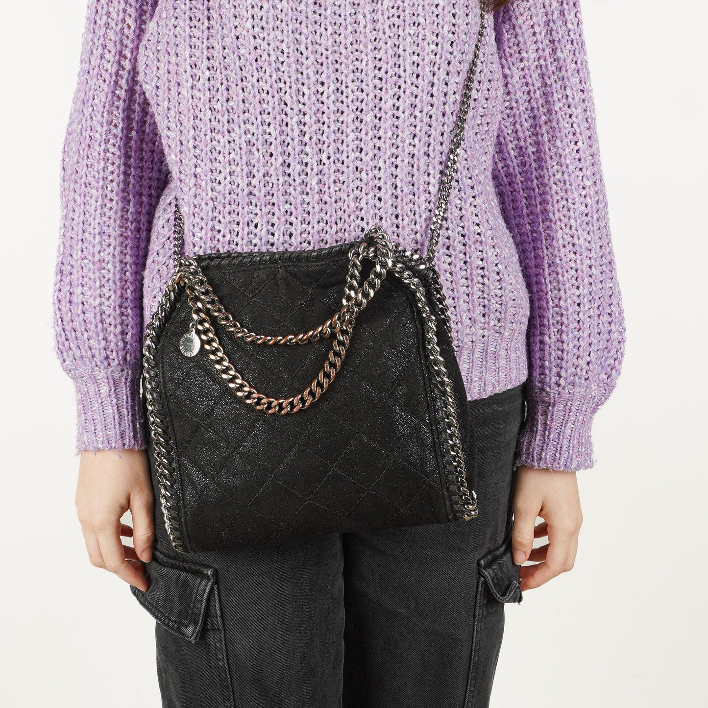 Stella McCartney Falabella Mini Tote Schwarze Vegane Shaggy Deer Fold-Over-Tasche