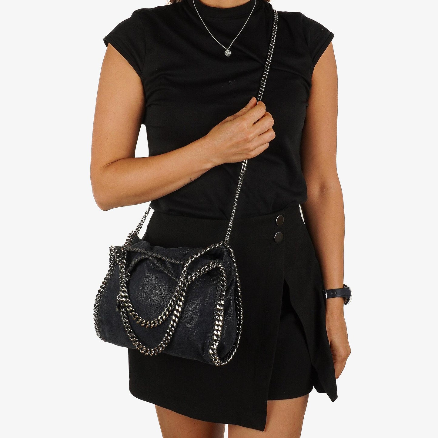 Stella McCartney Falabella Mini Tote Dunkelmarine Vegan Shaggy Deer Klappentasche