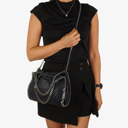 Stella McCartney Falabella Mini Tote Dunkelmarine Vegan Shaggy Deer Klappentasche