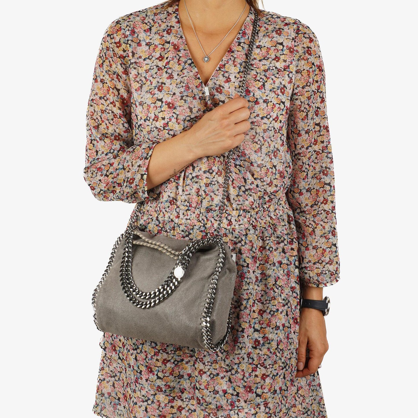 Stella McCartney Falabella Mini Tote Stahlgrau Veganes Shaggy Deer Klappentasche