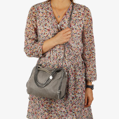 Stella McCartney Falabella Mini Tote Stahlgrau Veganes Shaggy Deer Klappentasche