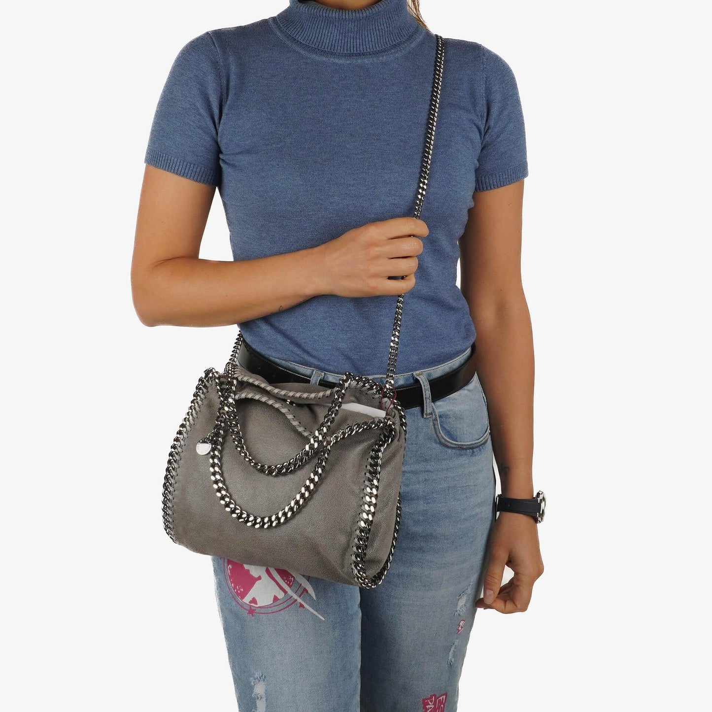Stella McCartney Falabella Mini Tote Stahlgrau Veganes Shaggy Reh Faltbare Tasche
