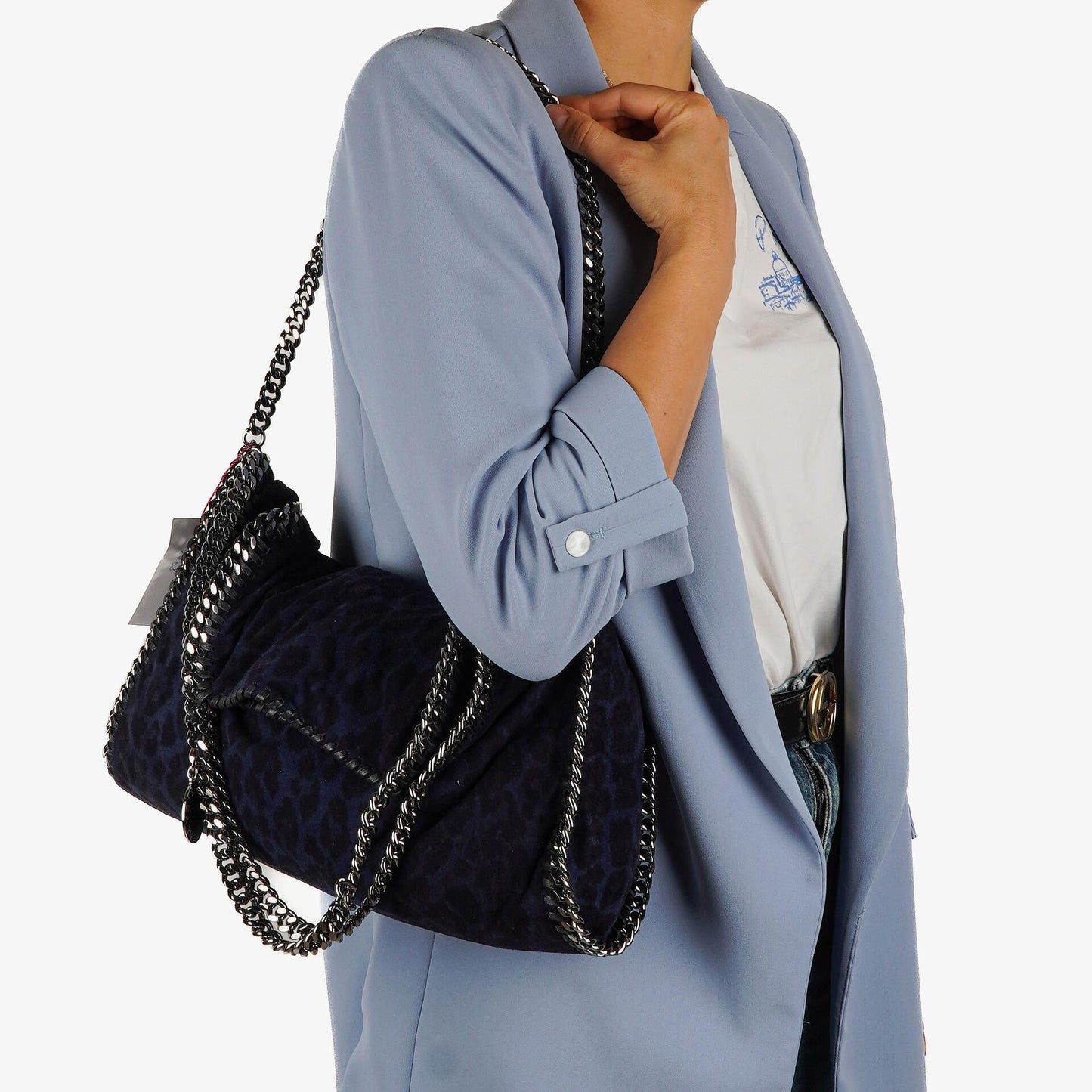 Stella McCartney Falabella Tote Blau Leopardenmuster Veganes Shaggy Reh Faltbare Tasche