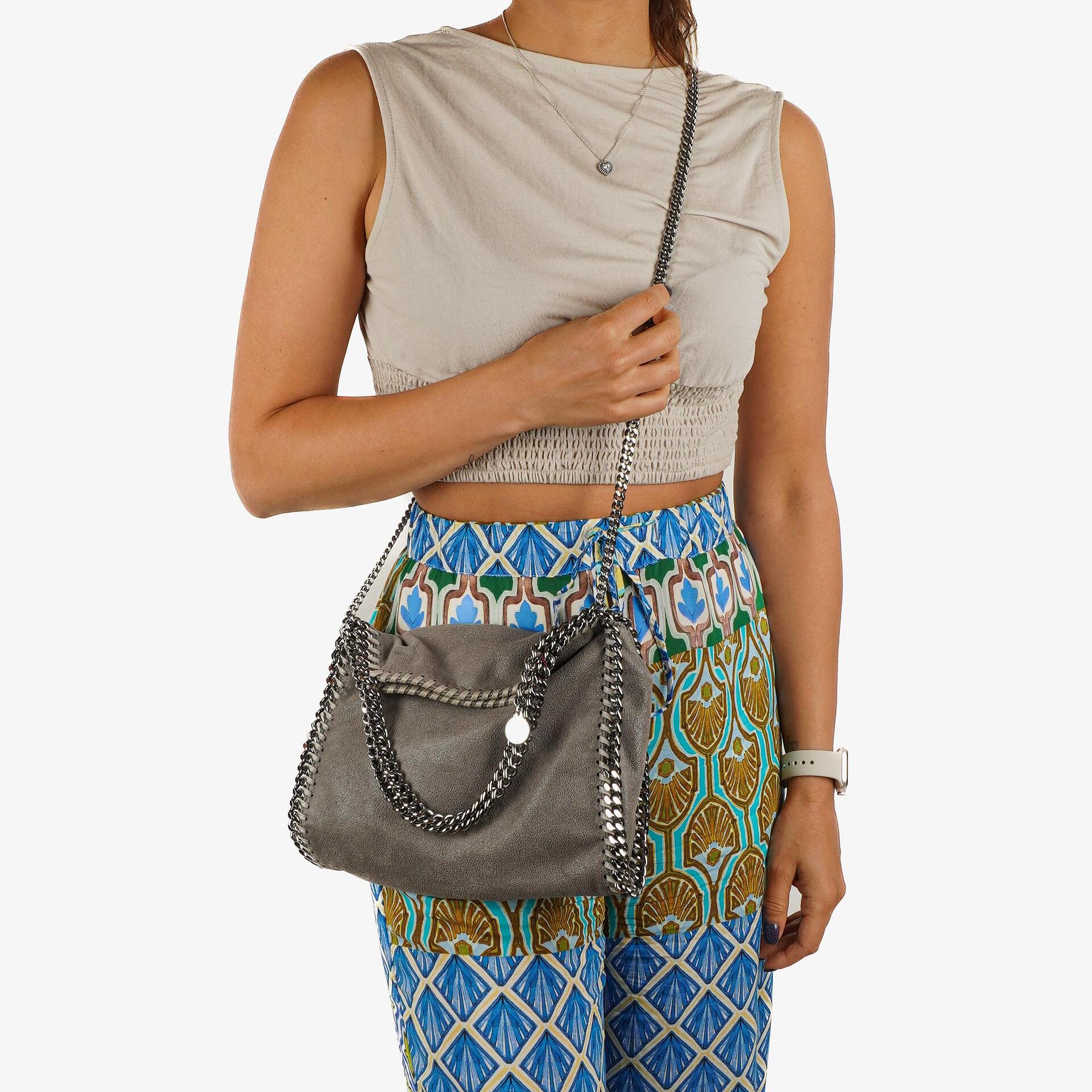 Stella McCartney Mini Tote Falabella Stahlgrau veganes Shaggy Deer Fold Over Tasche