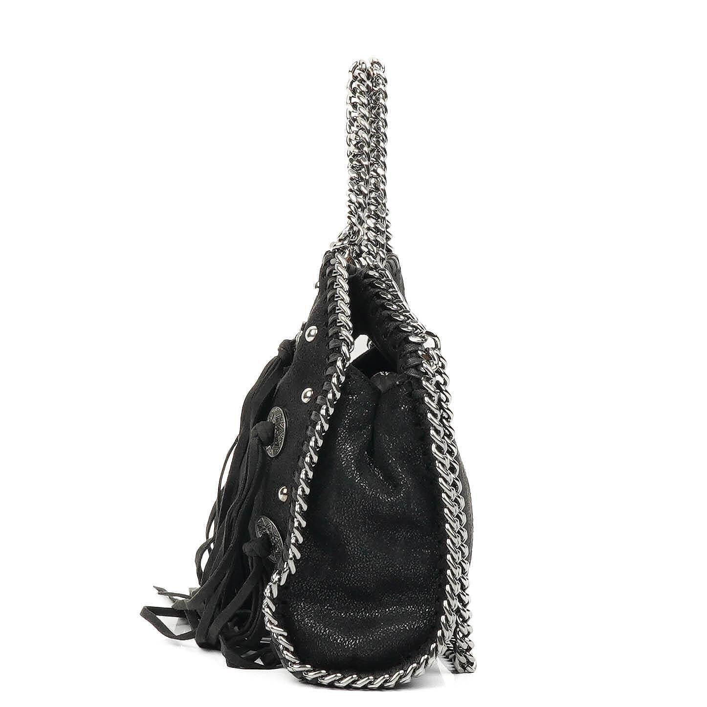Stella McCartney Tiny Falabella schwarze vegane Shaggy Deer Tote Bag mit Nieten und Fransen
