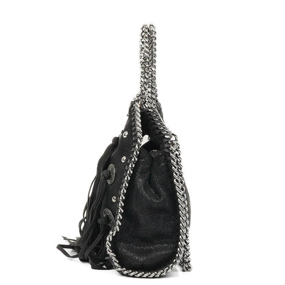 Stella McCartney Tiny Falabella schwarze vegane Shaggy Deer Tote Bag mit Nieten und Fransen