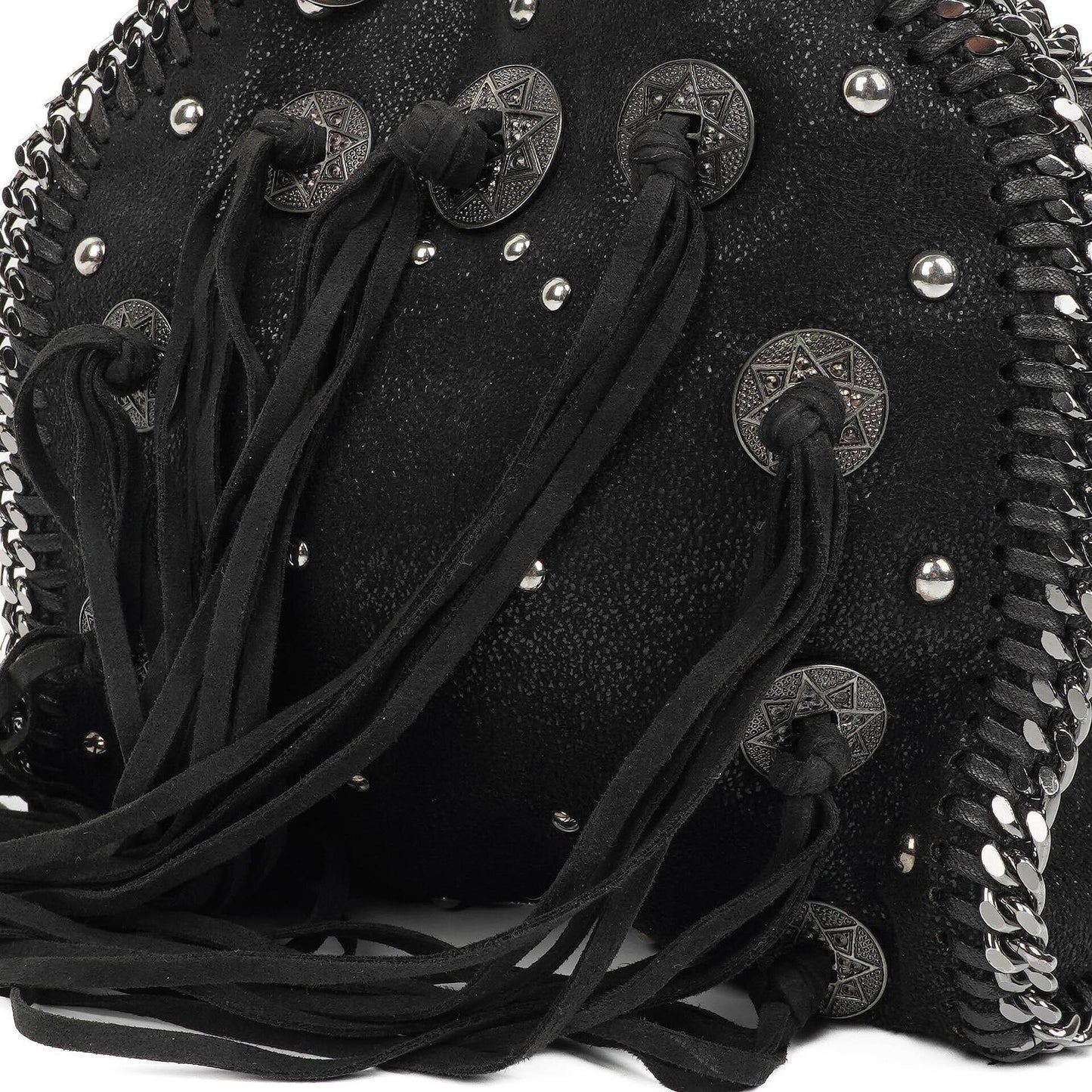 Stella McCartney Tiny Falabella schwarze vegane Shaggy Deer Tote Bag mit Nieten und Fransen