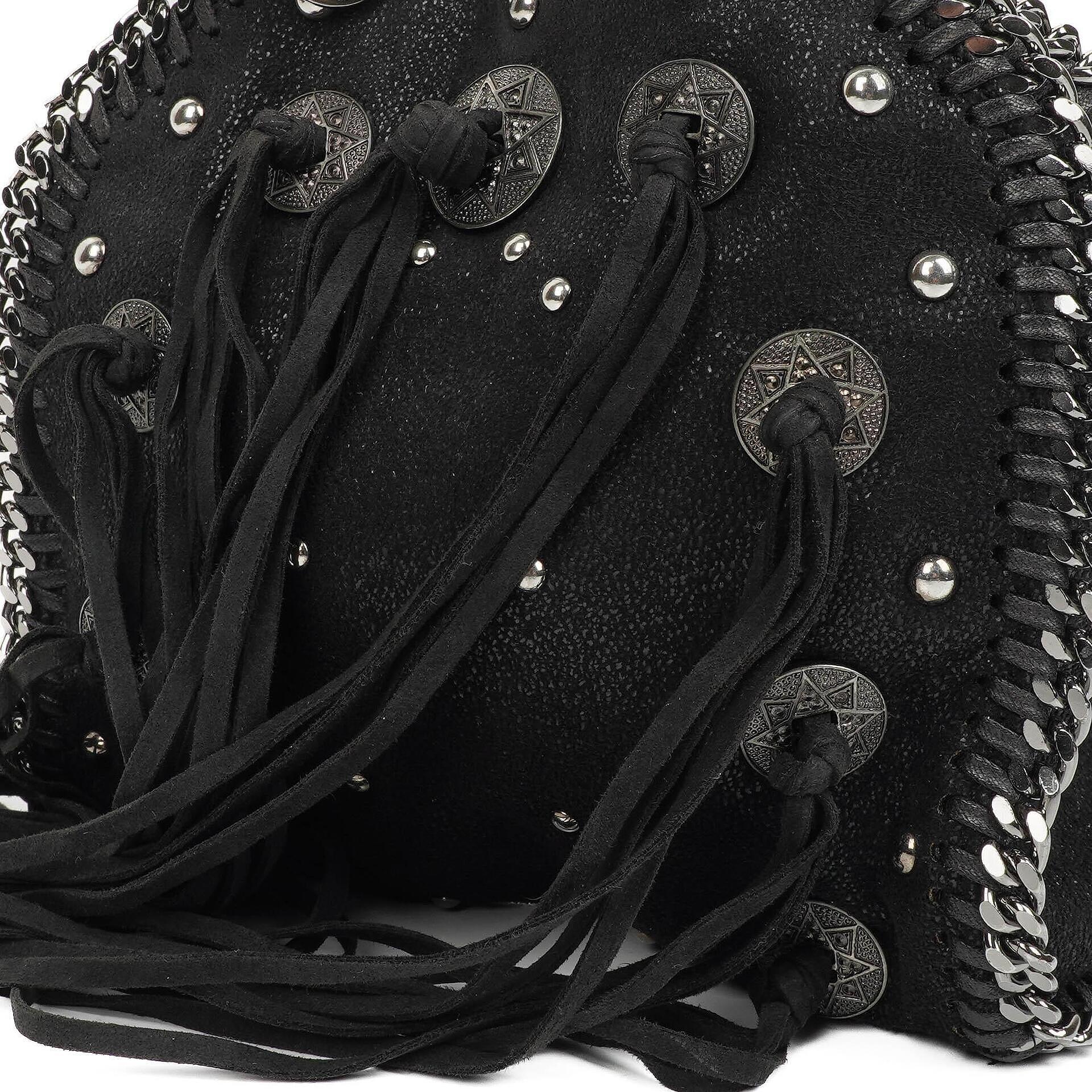 Stella McCartney Tiny Falabella schwarze vegane Shaggy Deer Tote Bag mit Nieten und Fransen