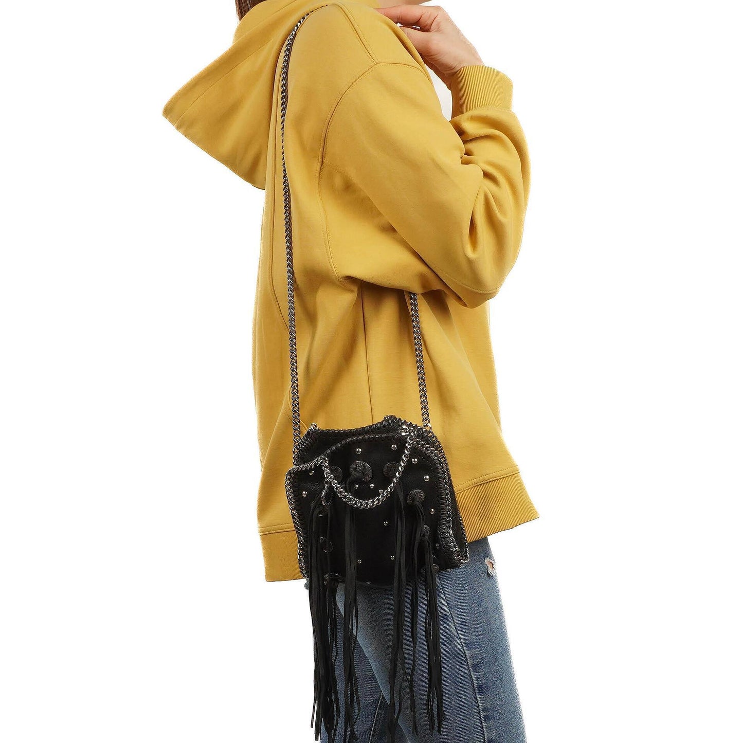 Stella McCartney Tiny Falabella schwarze vegane Shaggy Deer Tote Bag mit Nieten und Fransen